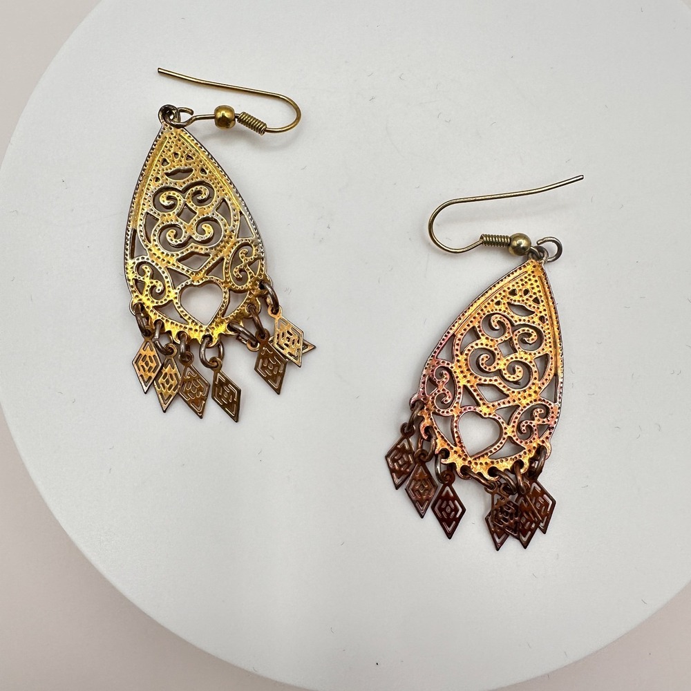 Vintage Y2K Gold Tone Filigree Teardrop Dangle Earrings Boho 90s Jewelry
